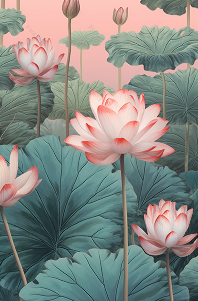 荷花绽放工笔画绿色插画背景,插画/手绘图,插画/手绘图库,插画/手绘图下载,插画/手绘